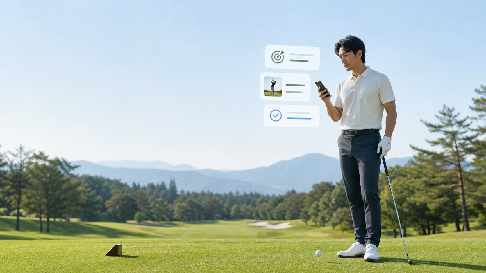 コースでスマートフォンを確認するゴルファー